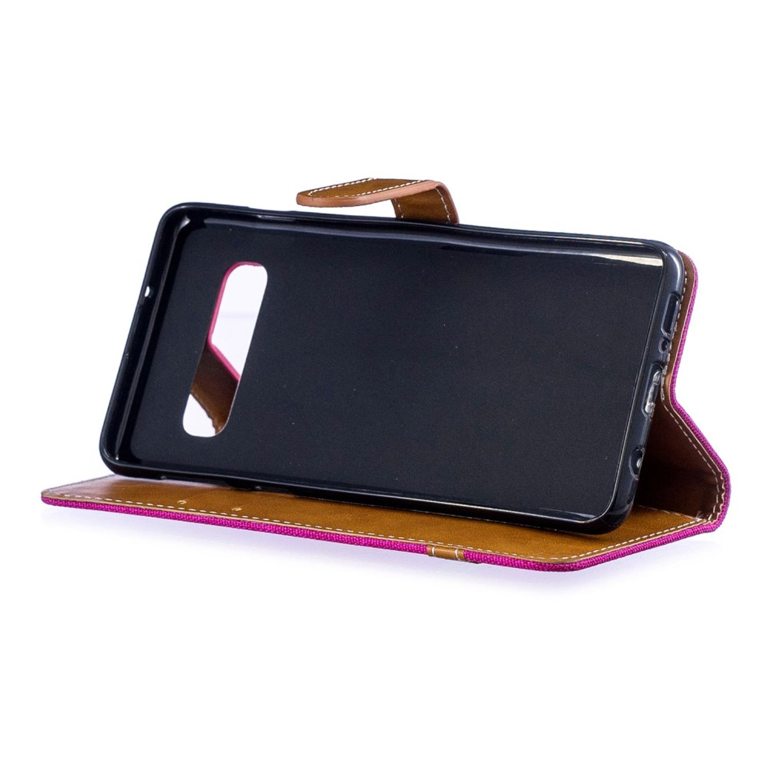 Geöffnete rosa und braune Handyhülle mit Telefon darin. Weißer Hintergrund.