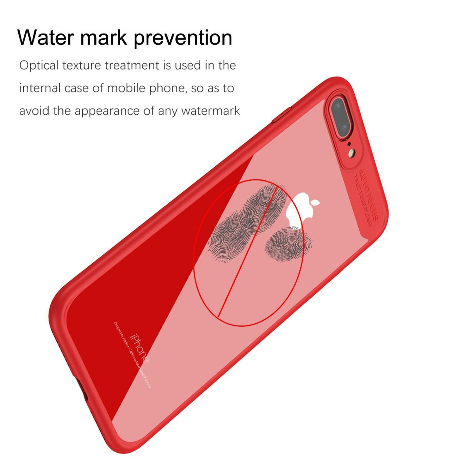 Eine rote Handyhülle mit einem iPhone darin. Fingerabdrücke werden gezeigt, durchgestrichen, mit Text: Watermark-Prävention.