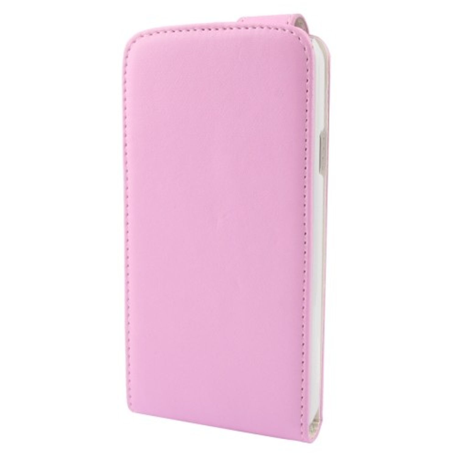Nahaufnahme einer rosa Handyhülle mit einem Handy darin. Die Hülle ist geschlossen.