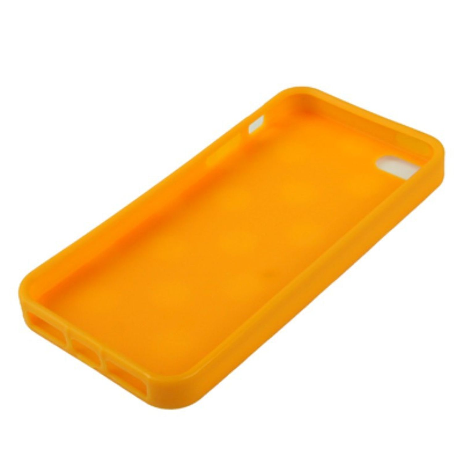 Eine orangefarbene Handyhülle. Die Hülle hat Aussparungen für Knöpfe und Kamera. Die Farbe ist einfarbig orange.