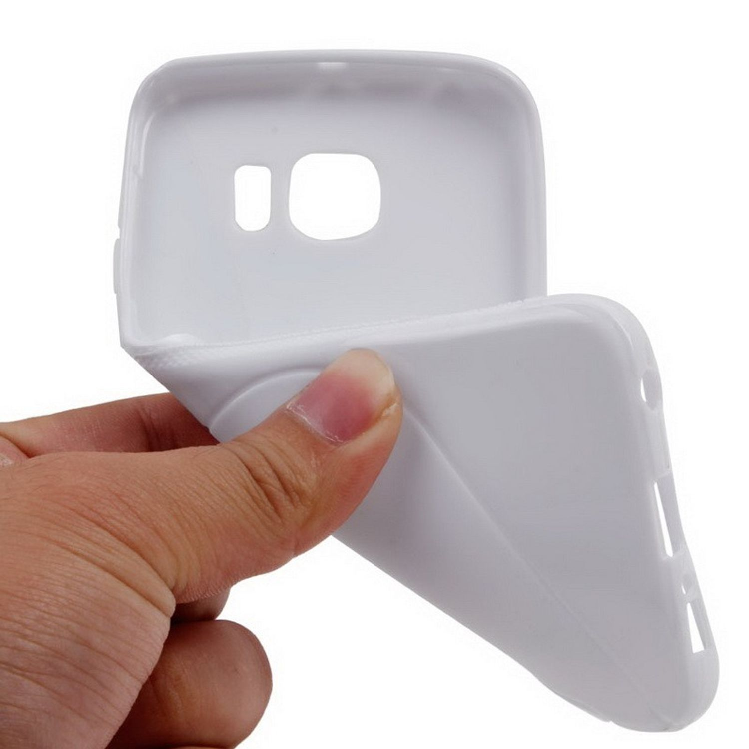 Hand hält eine weiße, flexible Handyhülle, gebogen, um Flexibilität zu zeigen.