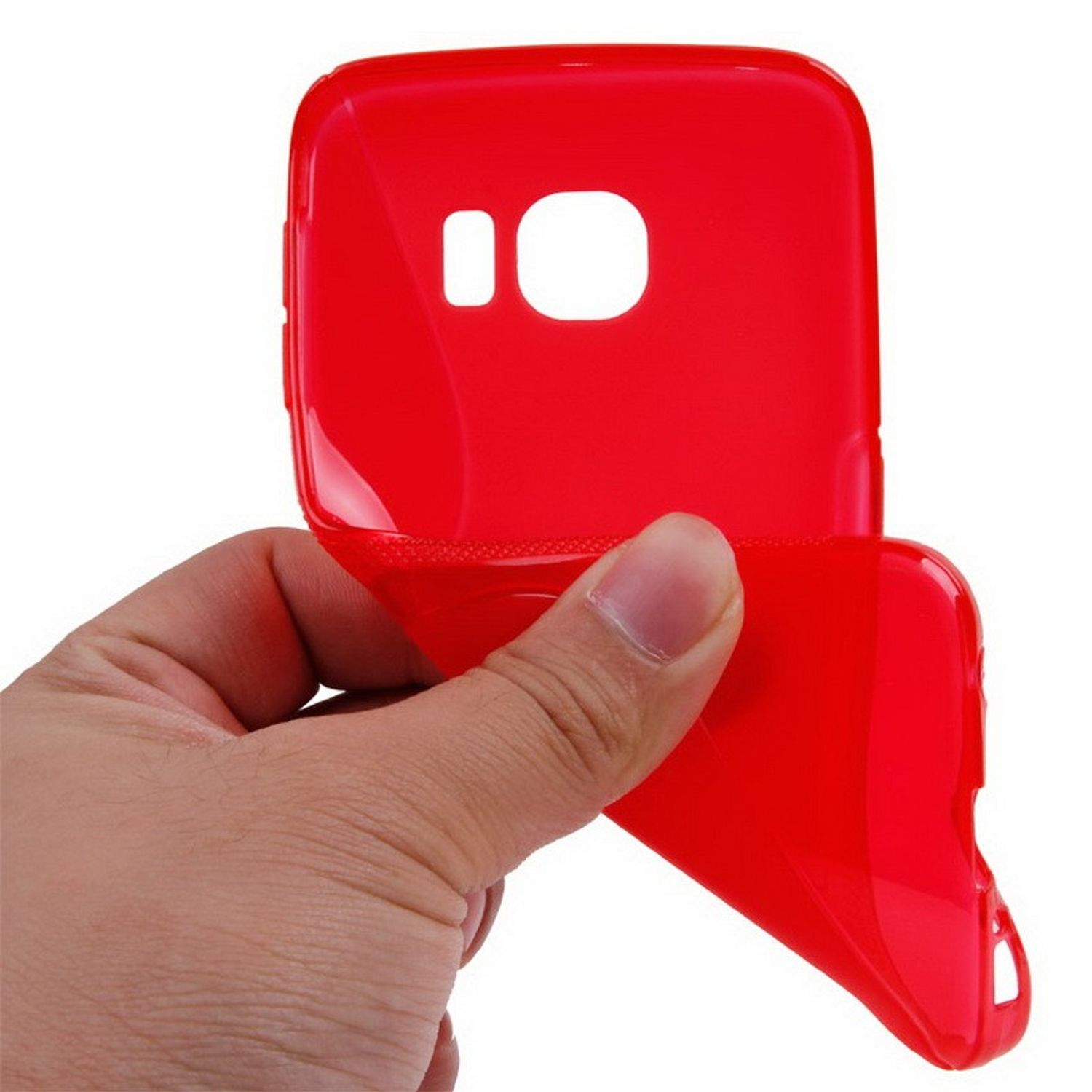 Hand hält eine rote Handyhülle. Die Hülle ist offen und zeigt das Innere.