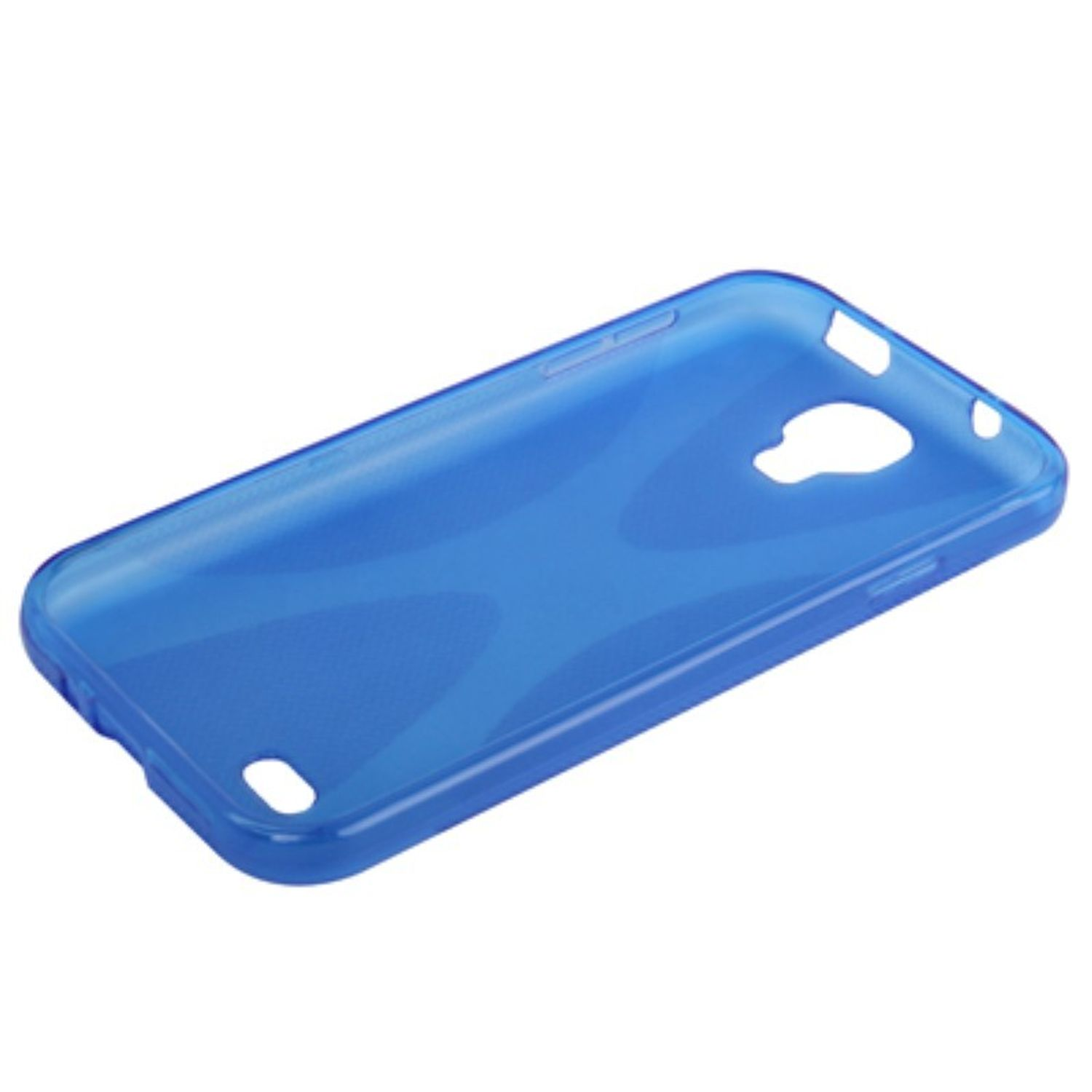 Blaue transparente Handyhülle. Sie hat Aussparungen für Kamera, Knöpfe und Anschlüsse.