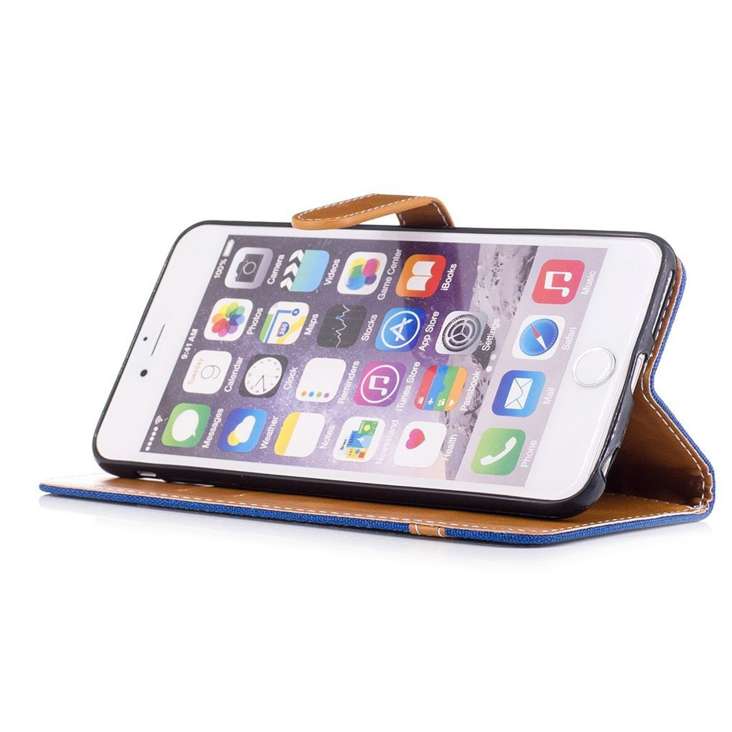 Telefon in geöffneter blau-brauner Hülle, Bildschirm sichtbar.