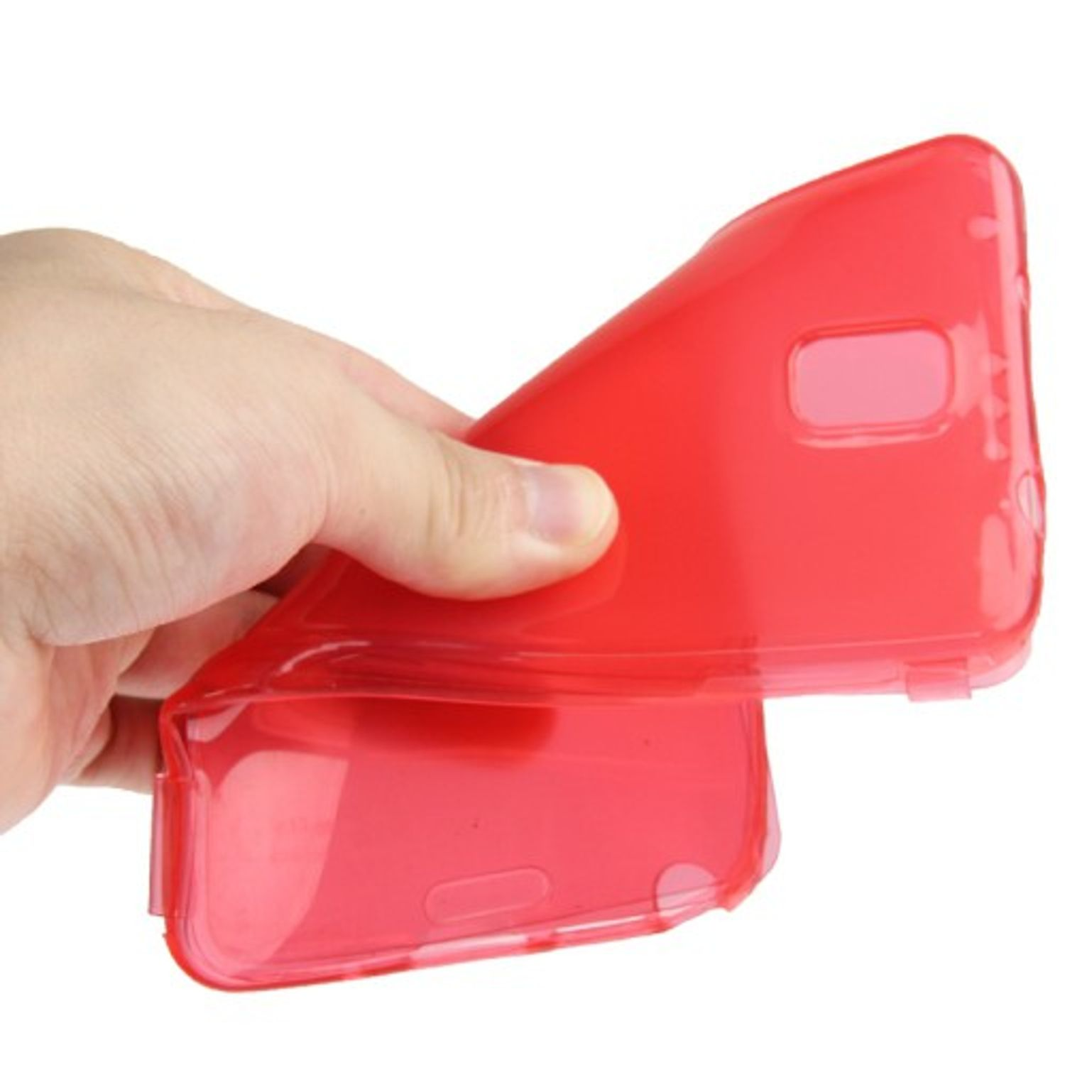Eine Hand, die eine rote Handyhülle hält und sie biegt. Die Handyhülle besteht aus flexiblem Material.