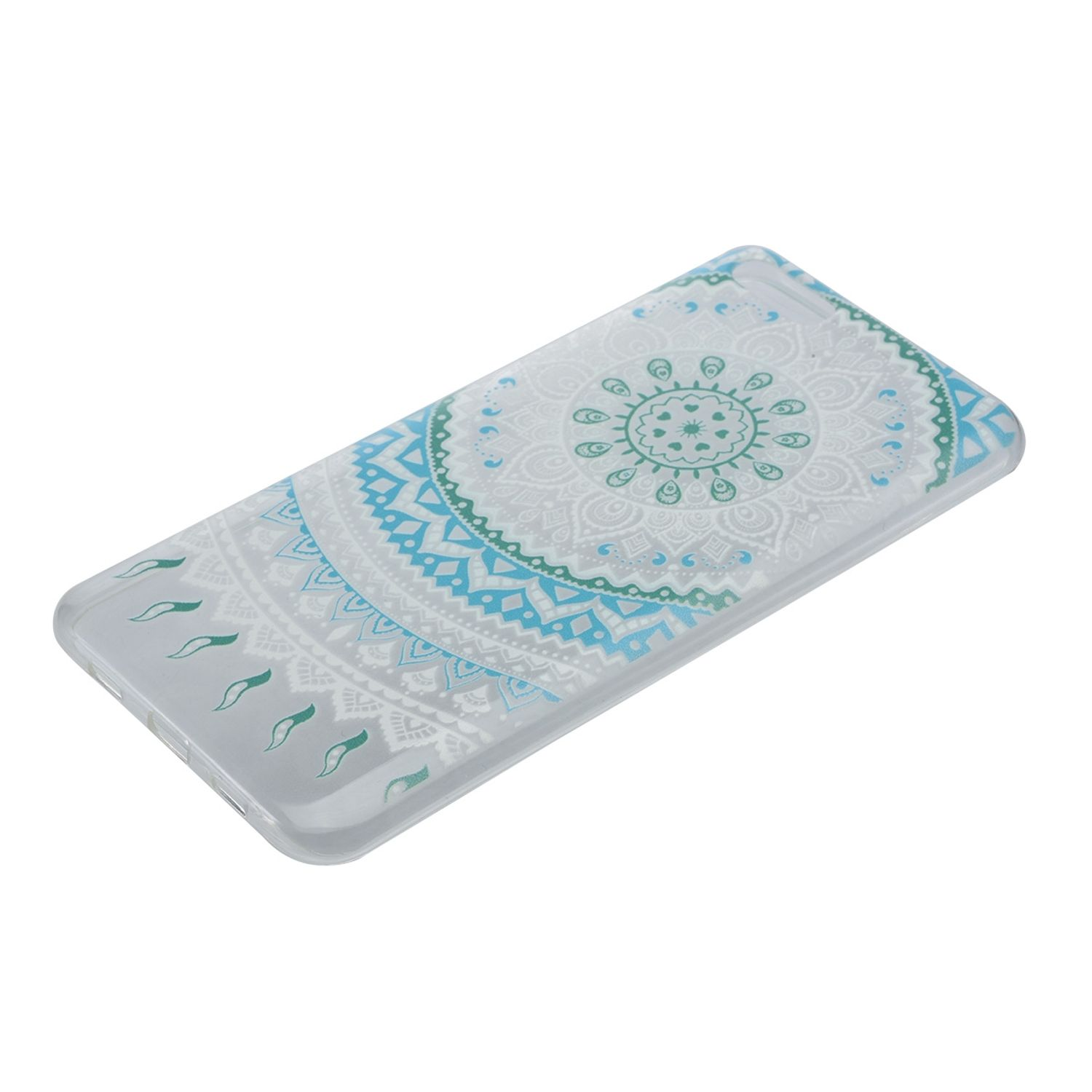 Graue Handyhülle mit blauem und weißem Mandala-Design auf weißem Hintergrund.