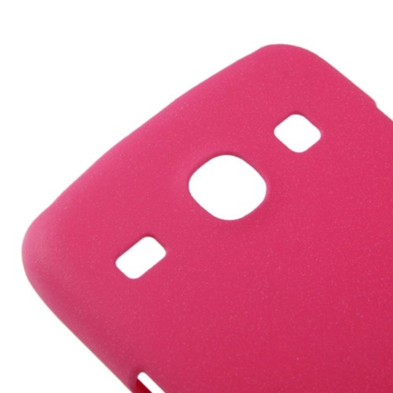 Nahaufnahme einer rosa Handyhülle mit Knopflöchern und Kamera, weißer Hintergrund.