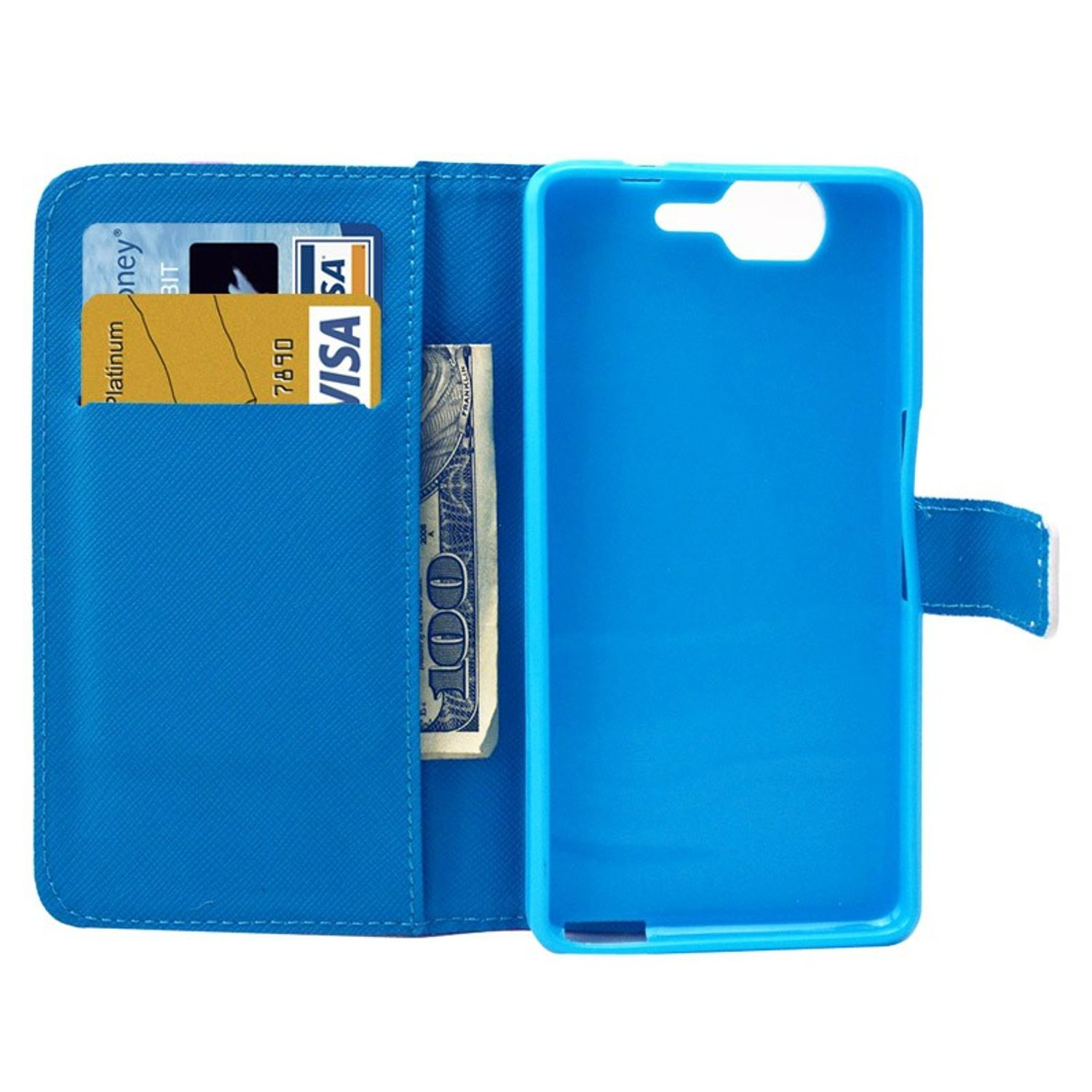 Blaue Handyhülle mit Kreditkartenfächern und Geld. Zeigt Visa-Karte und 100-Dollar-Schein.