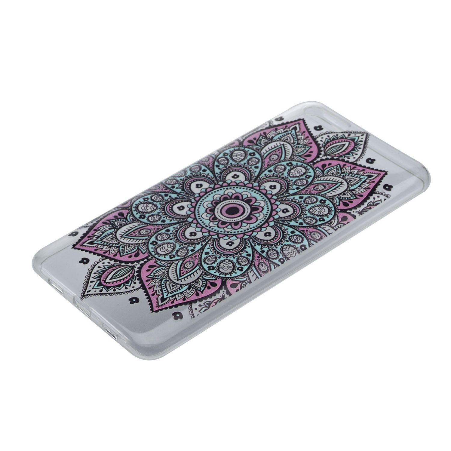 Transparente Handyhülle mit einem Mandala-Design in Pink, Blau und Lila.