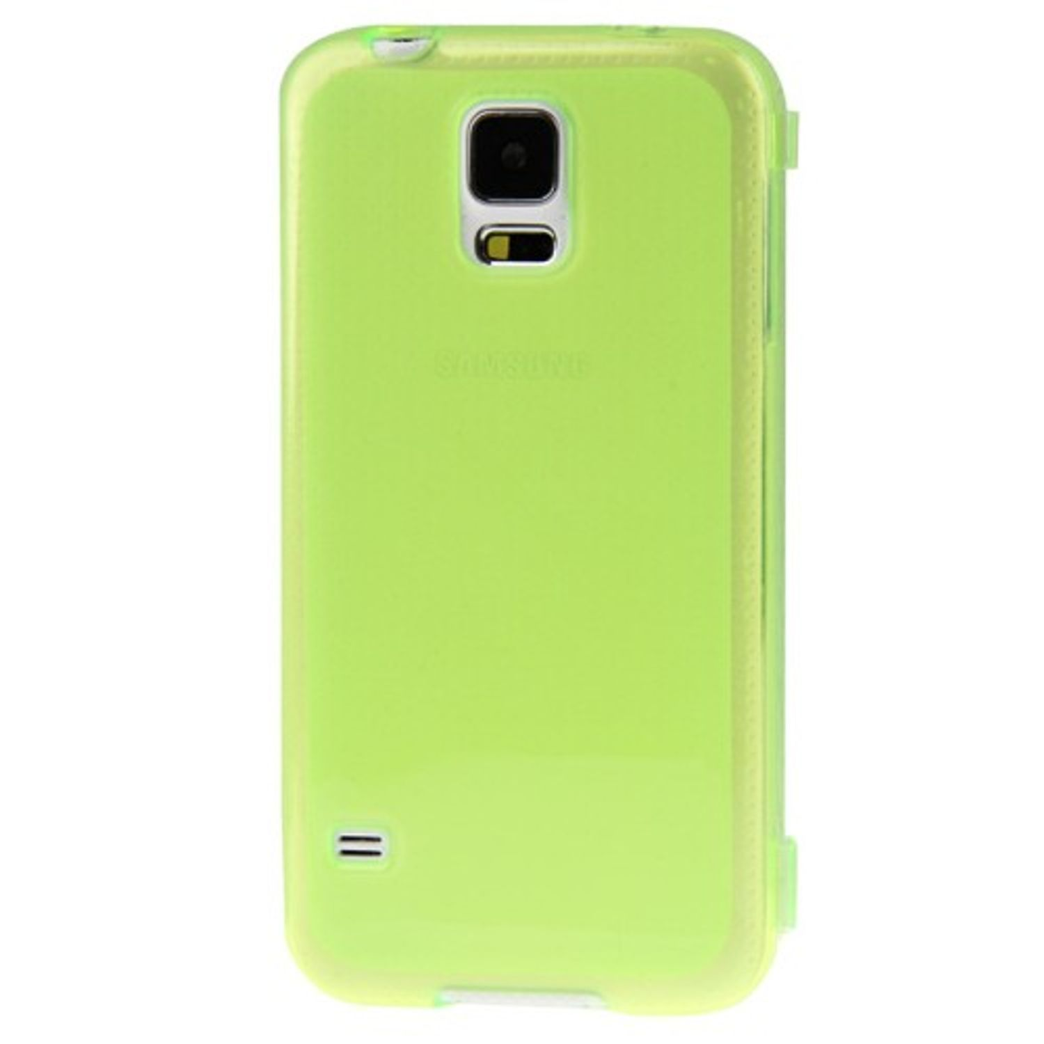 Hellgrüne Handyhülle. Samsung-Logo. Schwarze Kamera und Blitz. Weißer Hintergrund.