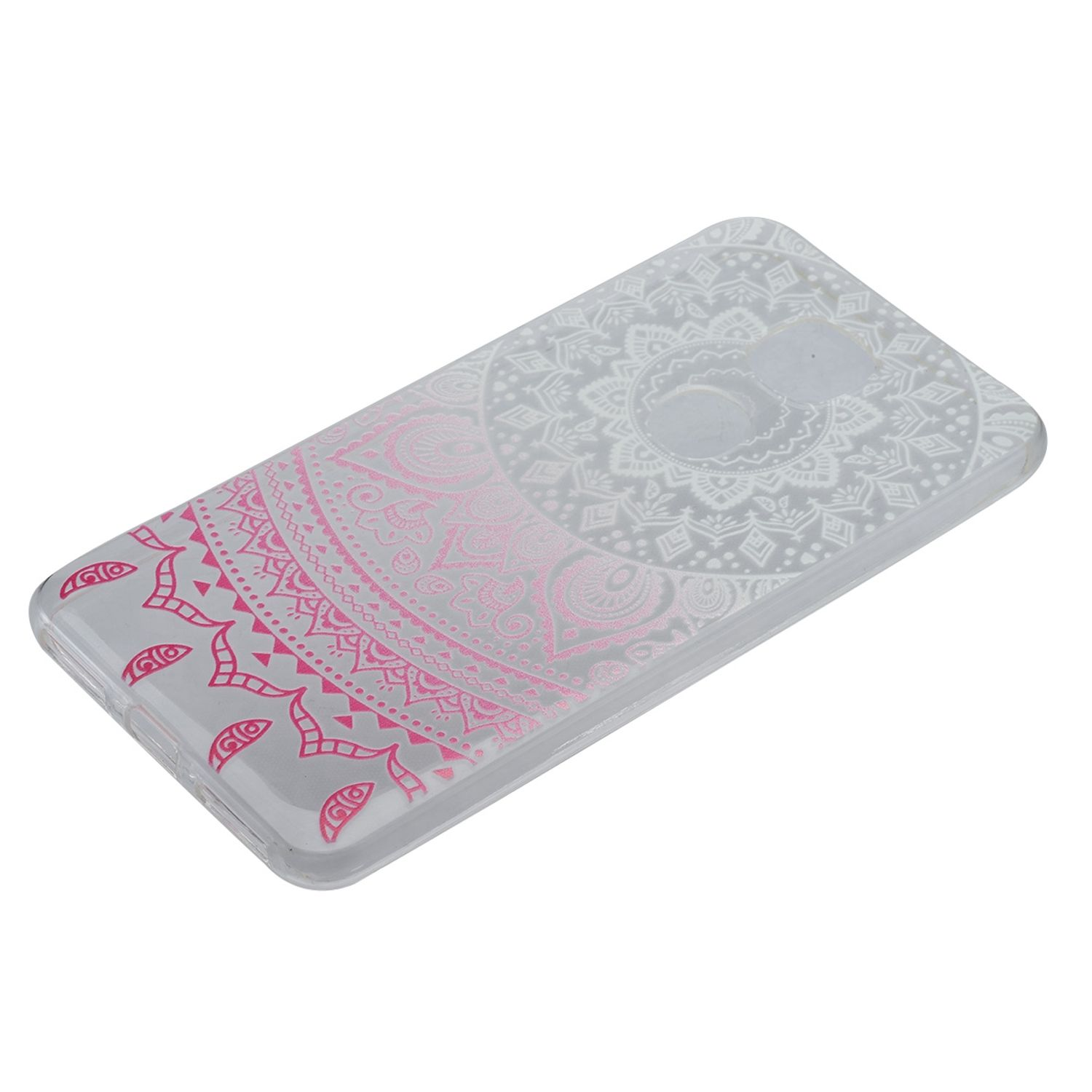 Eine transparente Handyhülle mit einem pinkfarbenen und weißen Mandala-Design.