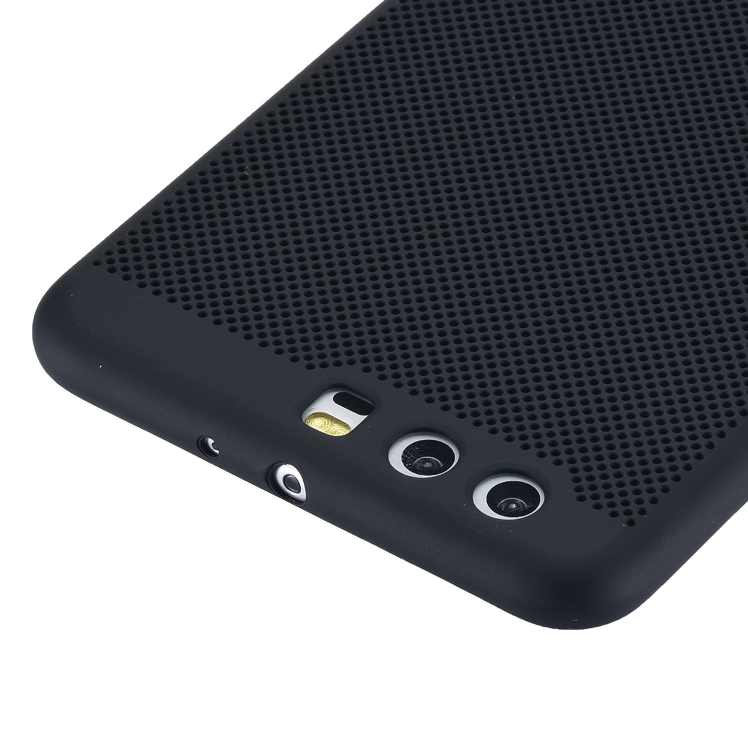 Schwarzes Telefon mit Löchern auf der Rückseite. Die Rückseite hat Löcher für Kameras und Blitz.