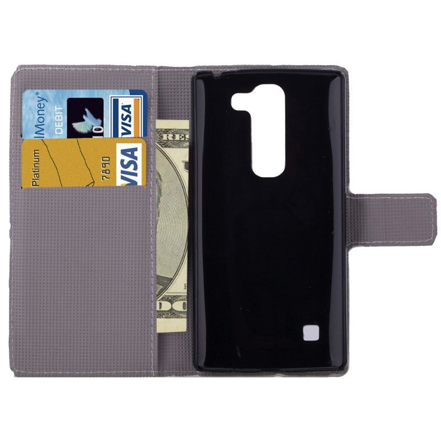Handyhülle mit Kreditkarten und Geld. Grau mit schwarzer Telefonform. Das Telefon hat ein weißes Quadrat.