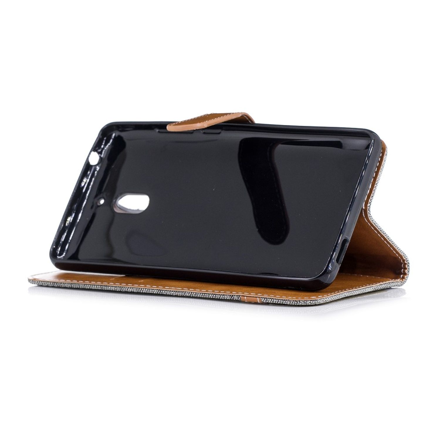 Schwarze Handyhülle, offen, mit einem schwarzen Telefon darin. Die Hülle ist außen braun.