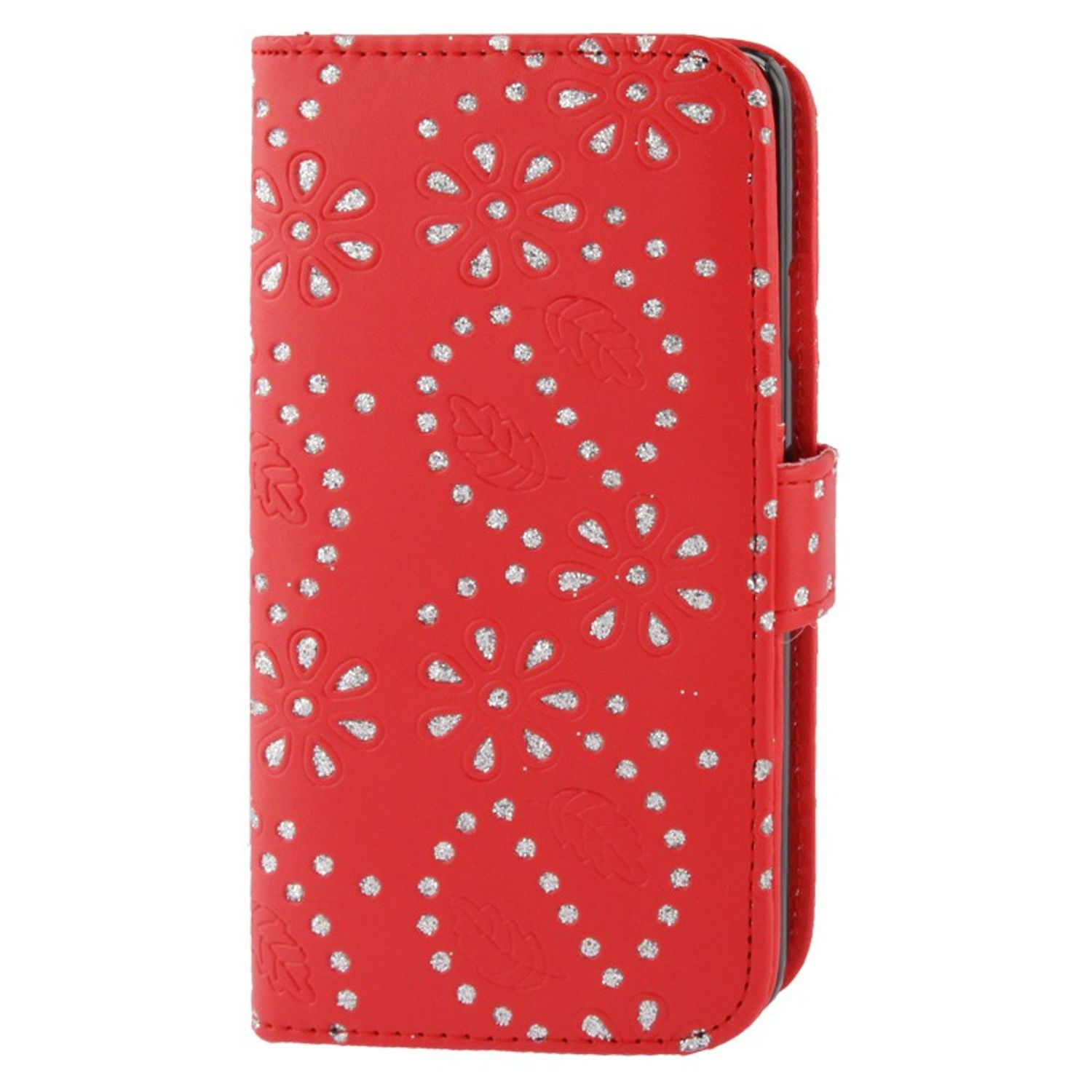 Rote Handyhülle mit silbernem Glitzer-Blumendesign. Weißer Hintergrund.