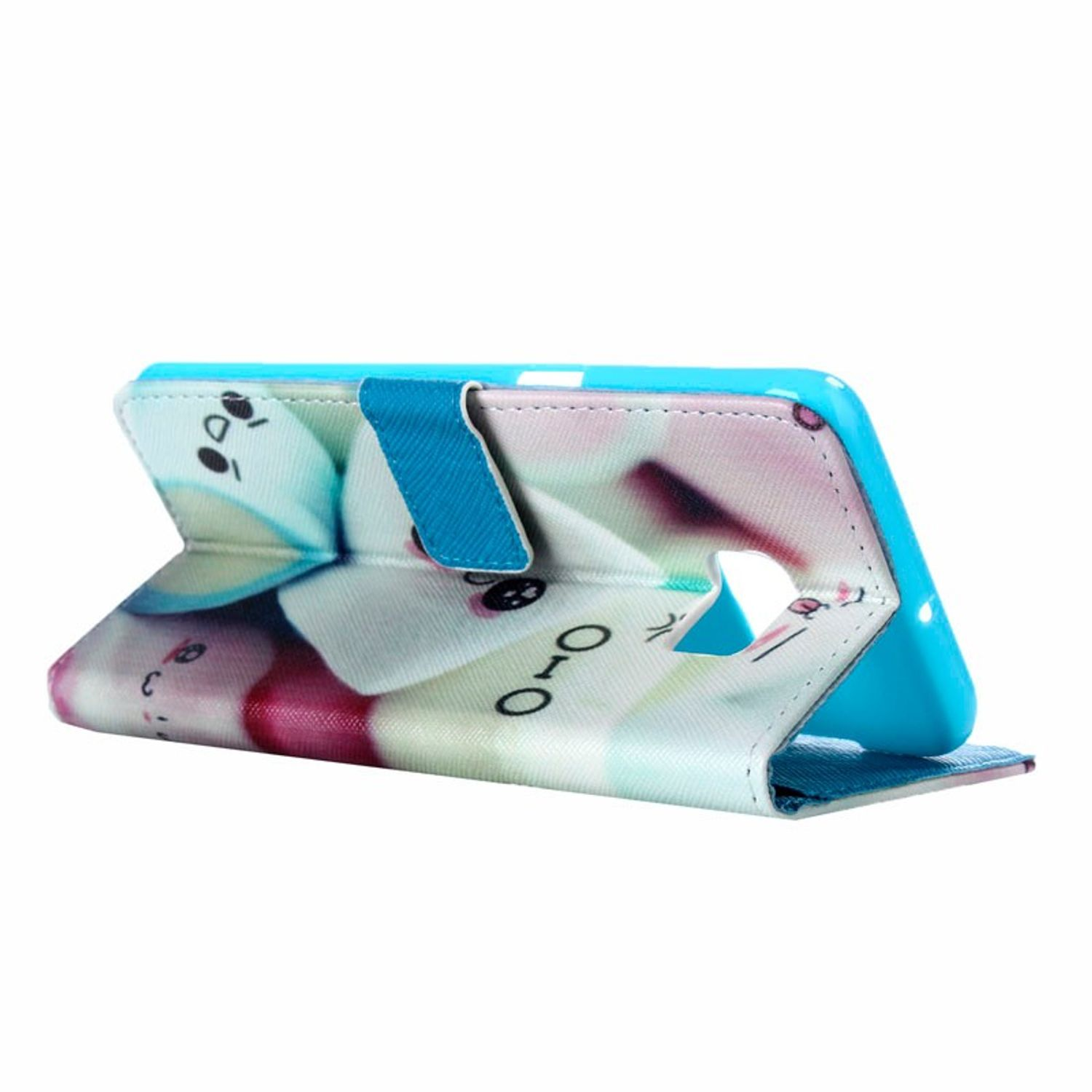 Blaue Handyhülle offen, Muster von Cartoon-Marshmallows auf weißem Hintergrund.