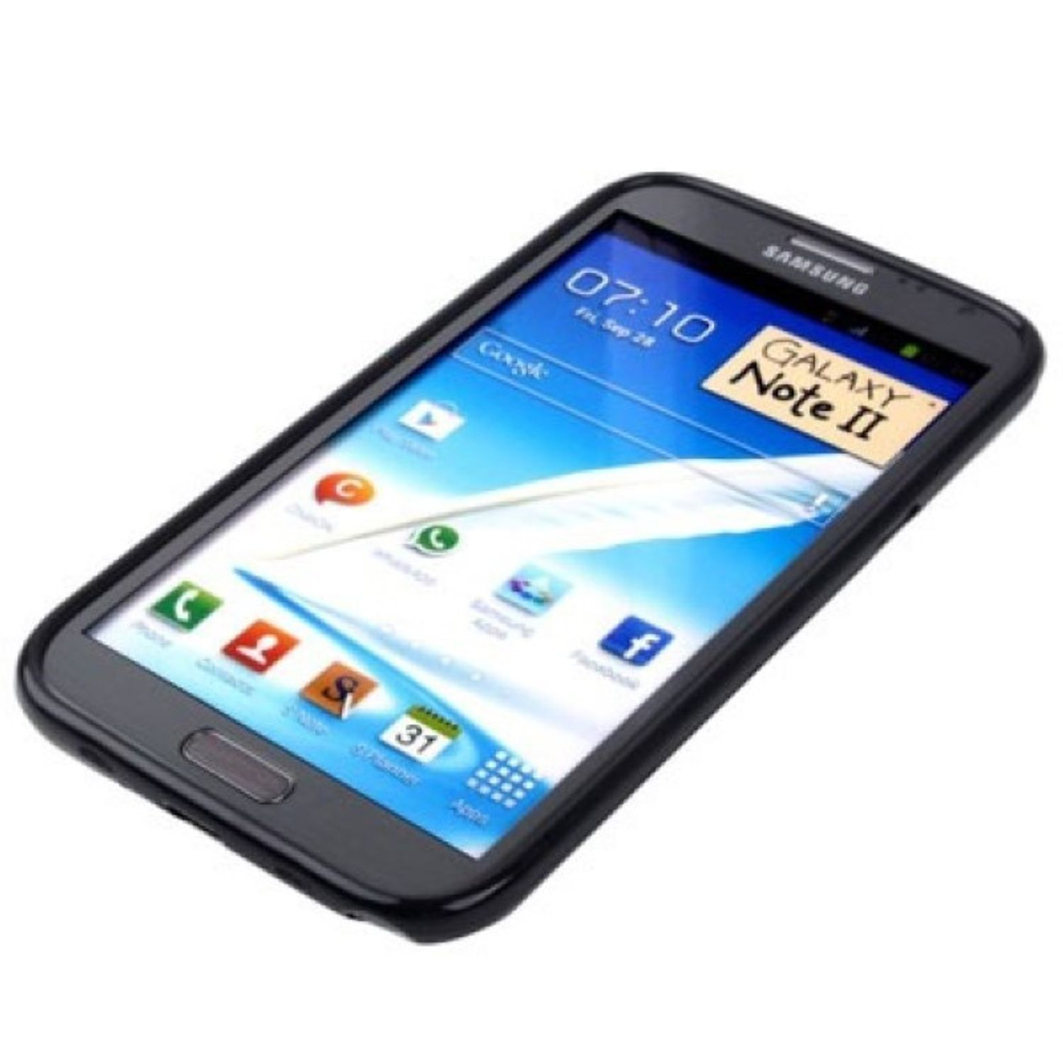 Ein schwarzes Telefon mit schwarzer Hülle und einer kleinen Notiz. Das Telefon hat einen blauen Hintergrund.