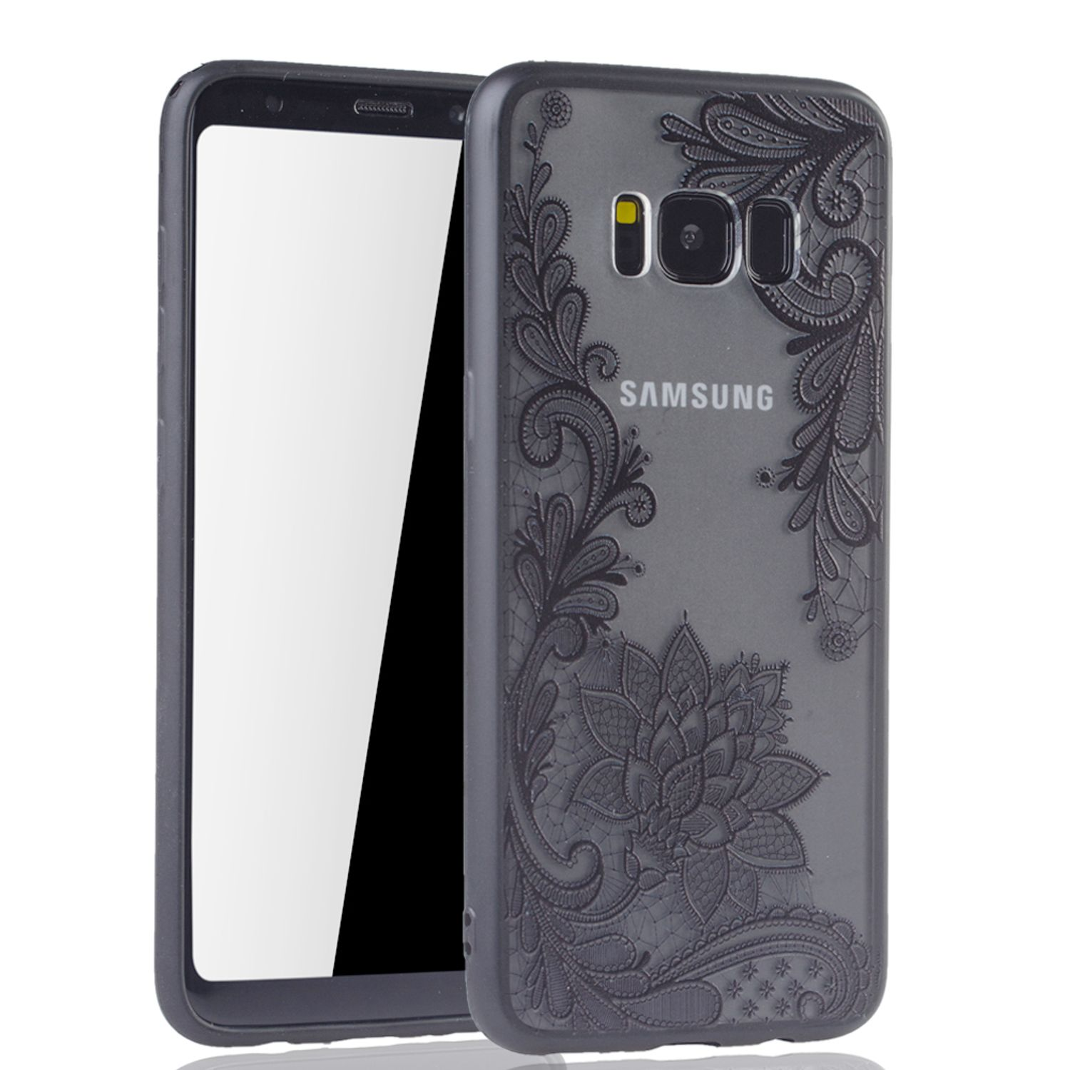 Ein Samsung-Telefon und -Hülle. Die Hülle ist transparent mit floralem Design. Weißer Hintergrund.