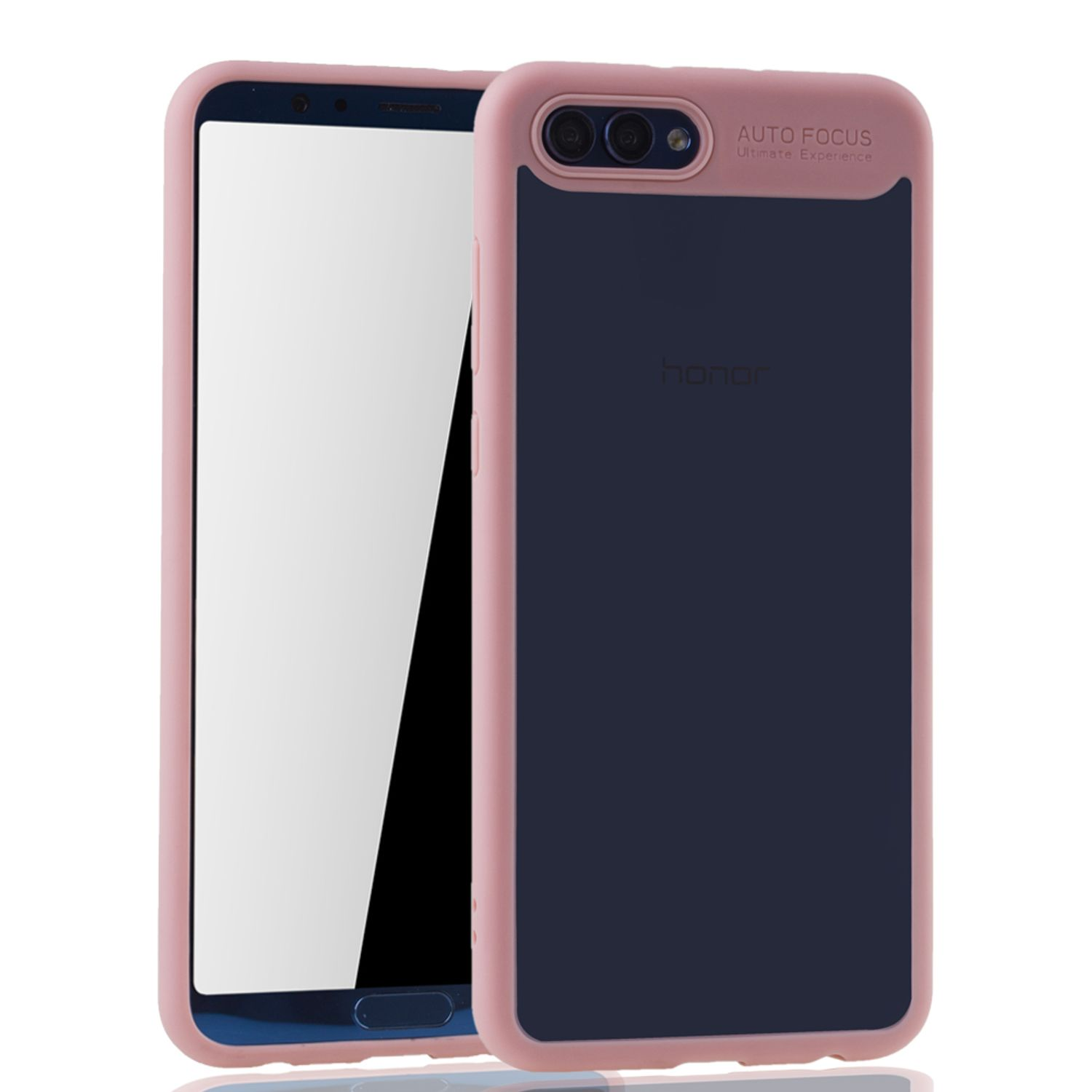 Rosa und marineblaue Handyhülle mit Autofokus-Text, Telefon befindet sich auf einer weißen Oberfläche.