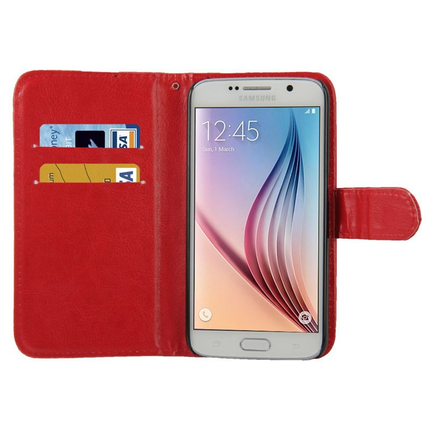 Rote Handyhülle mit Telefon darin. Es hat Kartenfächer und einen Verschluss.