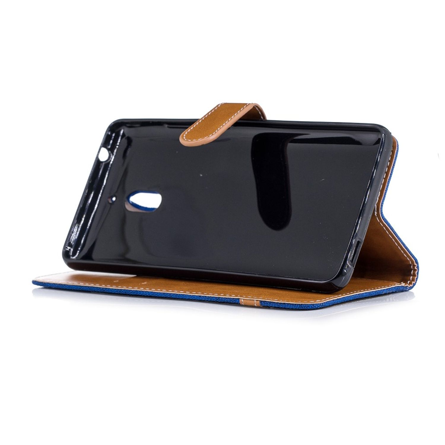 Schwarzes Telefon in brauner und blauer Hülle, geöffnet. Hülle ist angewinkelt.