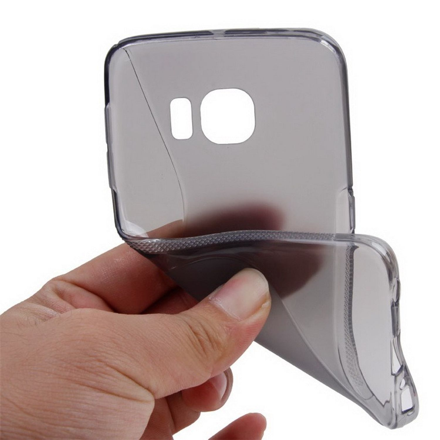 Eine Hand hält eine flexible, transparente graue Handyhülle und zeigt die Innenseite der Hülle.