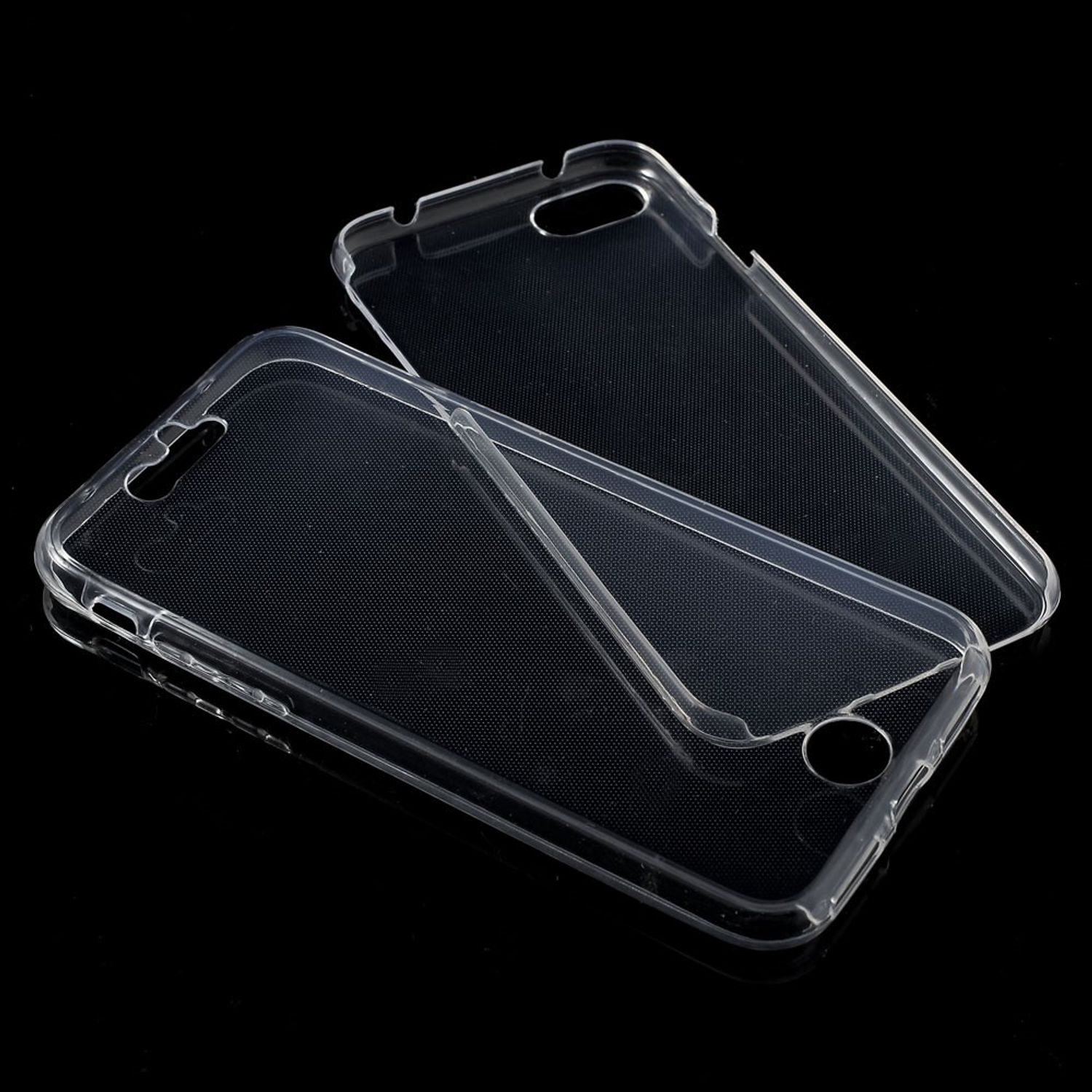 Transparente Handyhüllen, eine mit dem Telefon darin. Die Handyhülle ist transparent und hat ein kleines Loch für die Kamera.