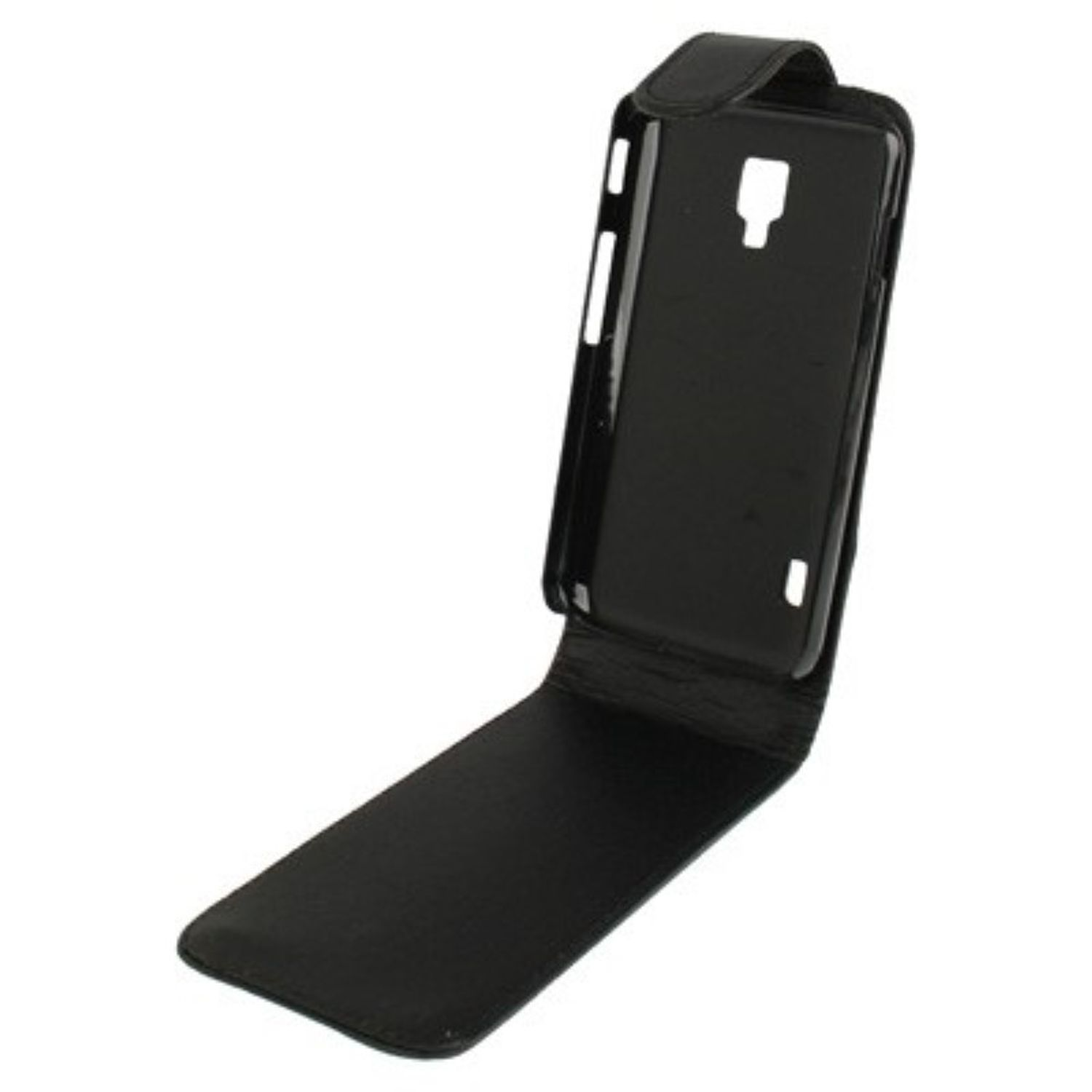 Offene schwarze Handyhülle mit Telefonumriss. Die Hülle hat eine Klappabdeckung und eine Lederstruktur.