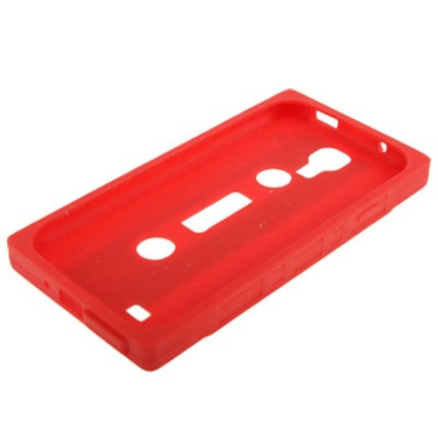 Rote Kassettenband-Handyhülle, weißer Hintergrund.