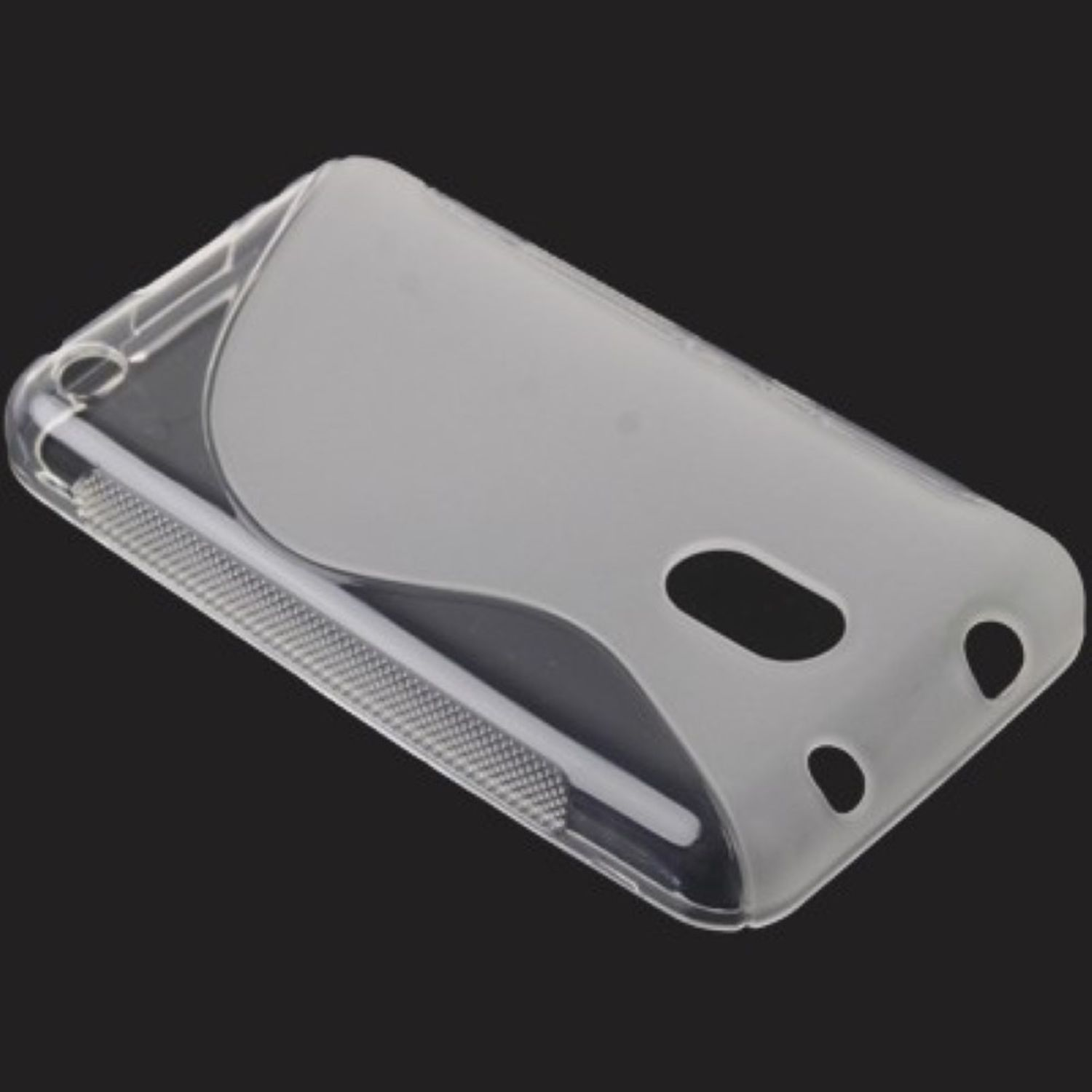 Transparente Handyhülle mit grauem Design. Sie hat Aussparungen für Kamera und Tasten.