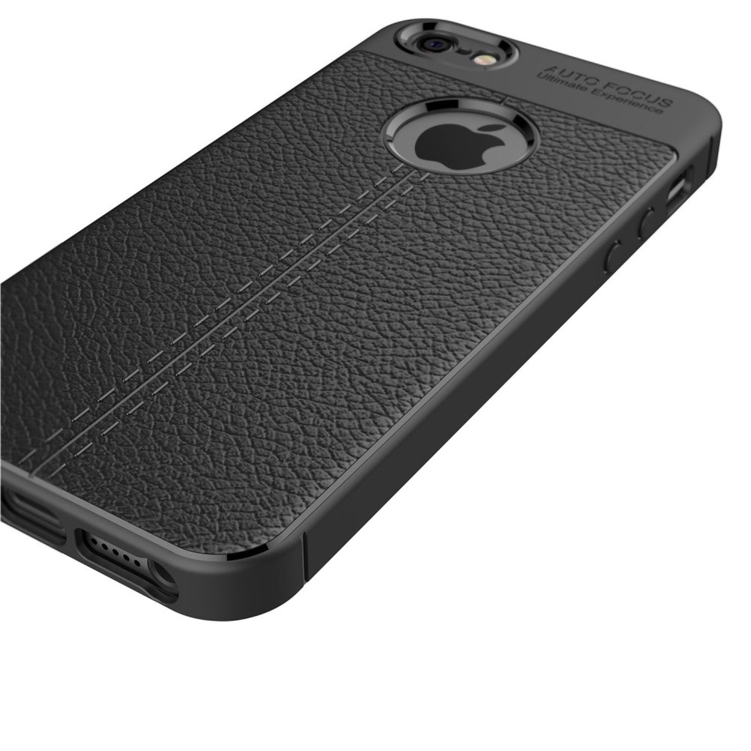 Eine schwarze Handyhülle mit strukturierter Oberfläche und Nahtdesign, mit sichtbarem Apple-Logo.