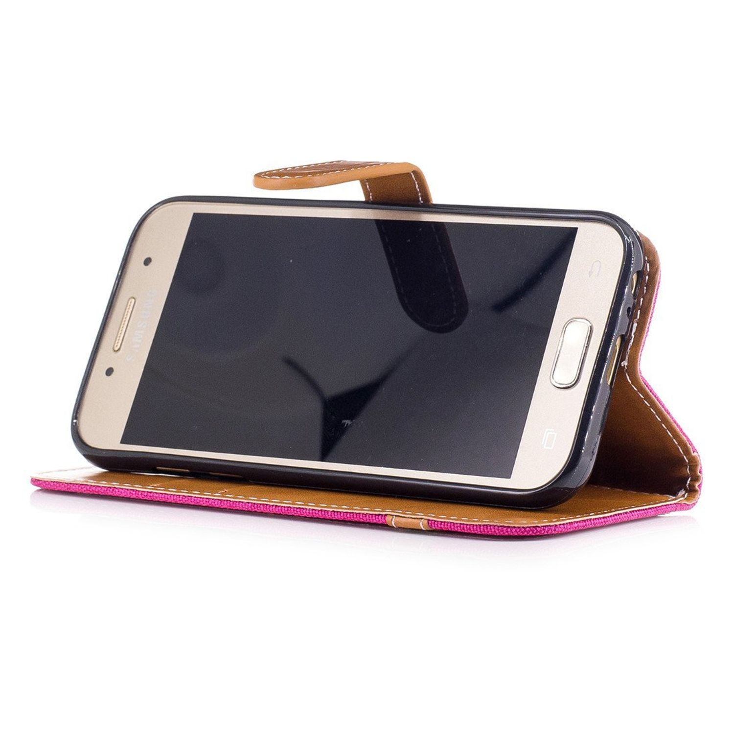 Ein Telefon in einem rosa-braunen Gehäuse ist geneigt. Der Bildschirm ist dunkel und zeigt das Telefon.