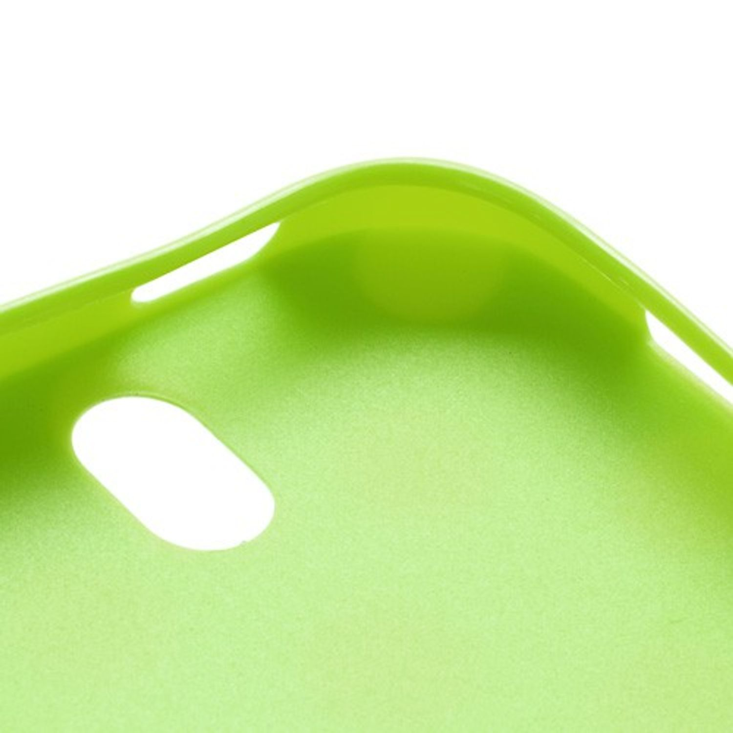 Nahaufnahme des Inneren einer limettengrünen Handyhülle. Die Hülle hat Aussparungen.
