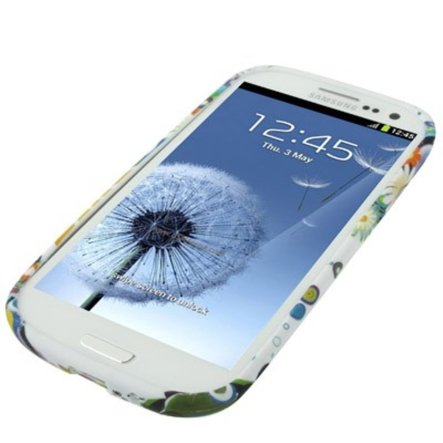 Weißes Telefon mit buntem Gehäuse, das einen Löwenzahnbildschirm zeigt.