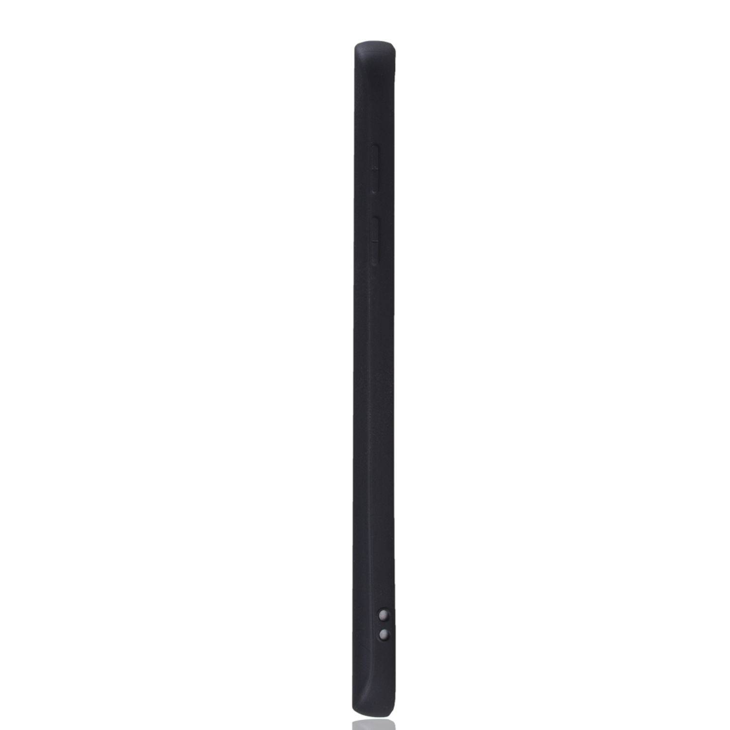 Eine schwarze Handyhülle. Die Seitenansicht zeigt ein dünnes Profil und ein schlankes Design.