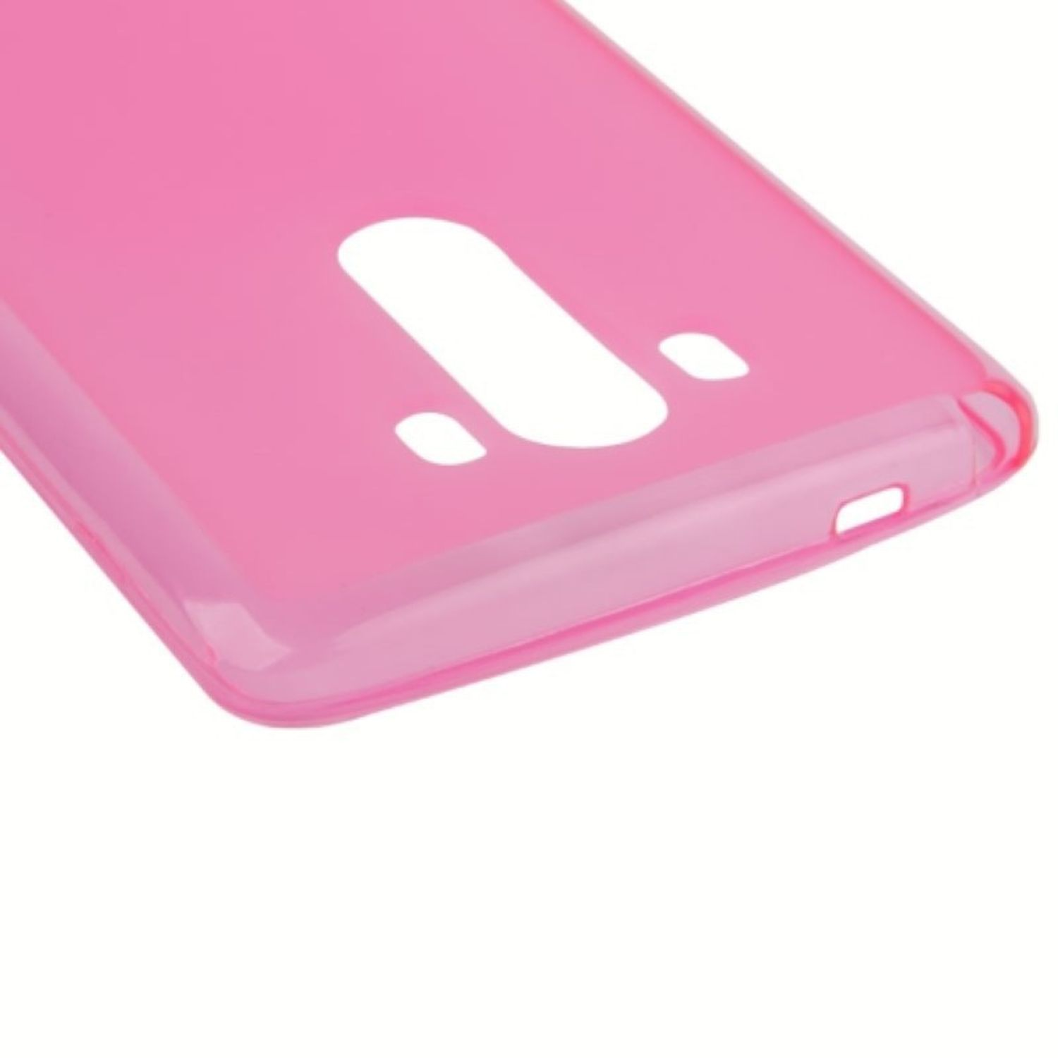 Pinke Handyhülle, zeigt Aussparungen für Kamera und Tasten. Die Hülle ist glänzend.