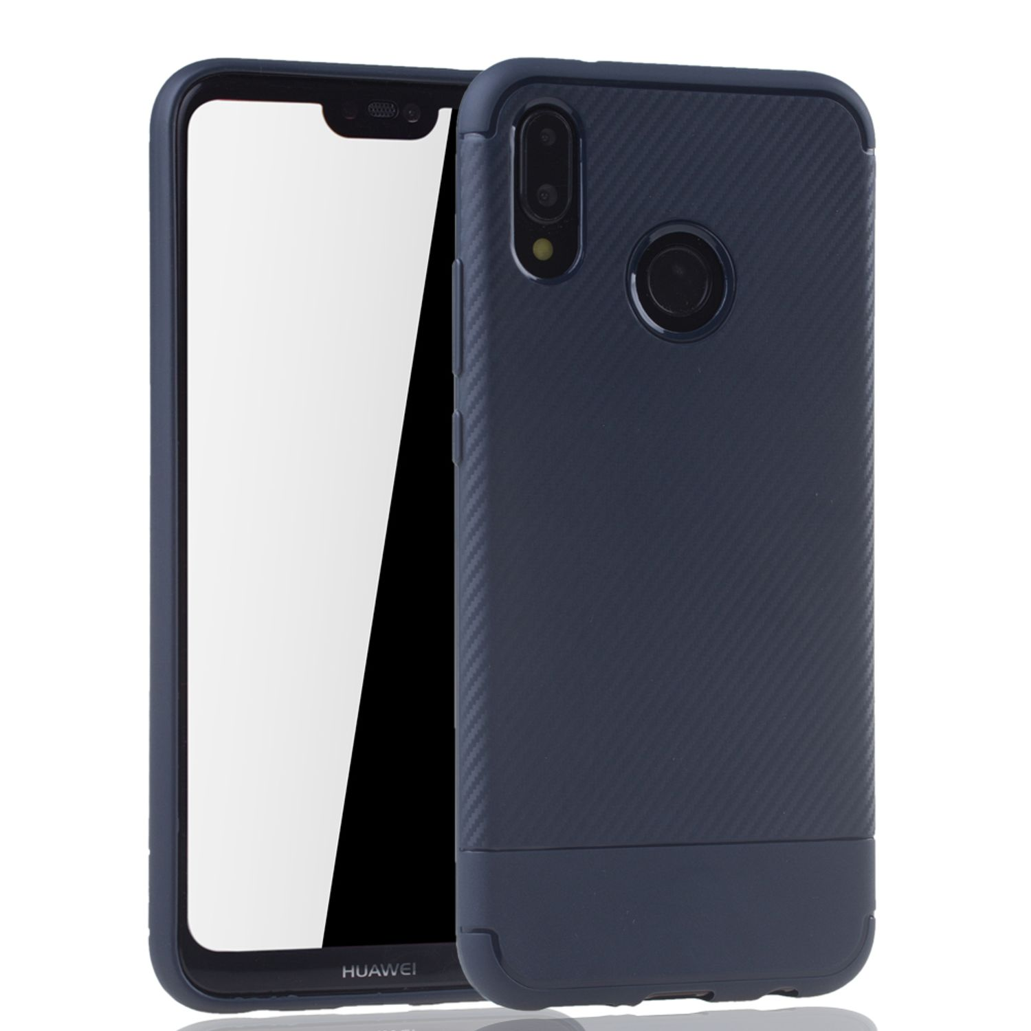 Eine marineblaue Handyhülle mit einem Telefon darin, die Hülle hat eine strukturierte Rückseite.