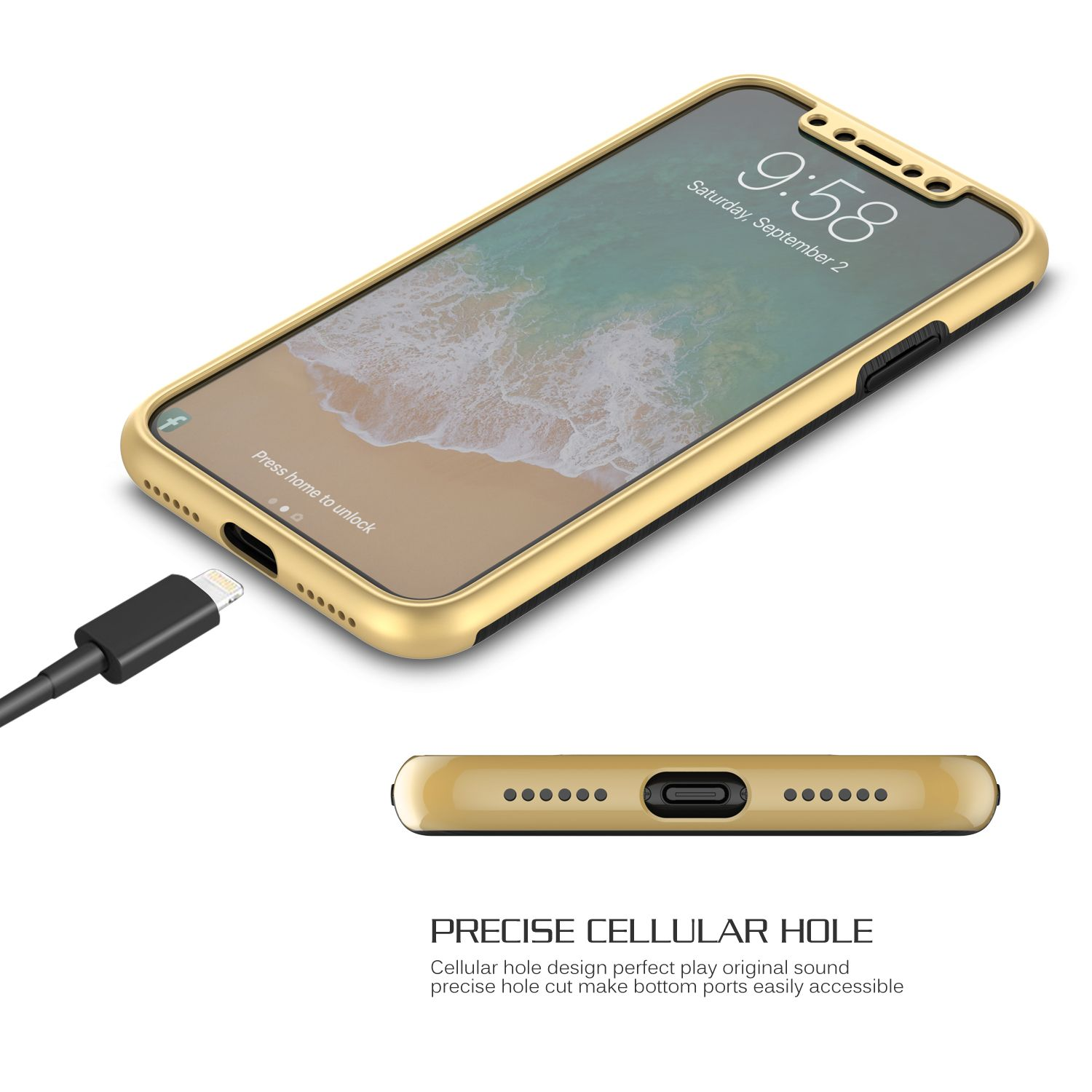 Goldene Handyhülle auf Telefon, Ladegerät eingesteckt. Text: Präzises Loch.
