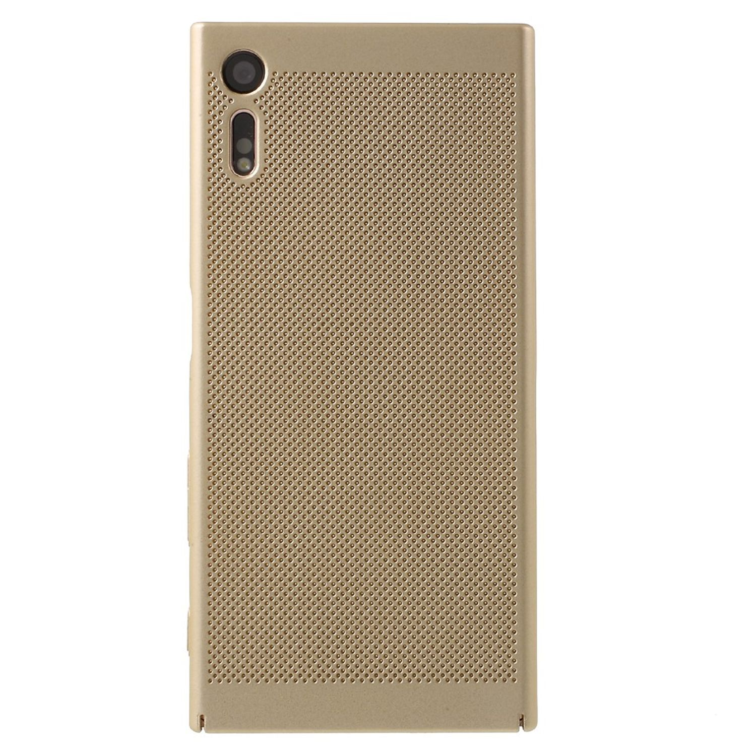 Goldene Handyhülle mit perforiertem Design. Die Rückseite des Telefons ist sichtbar.