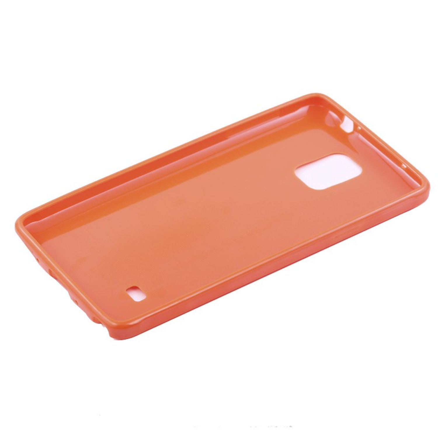 Orangefarbene Handyhülle mit Aussparungen für die Kamera und andere Telefonfunktionen, auf weißem Hintergrund.
