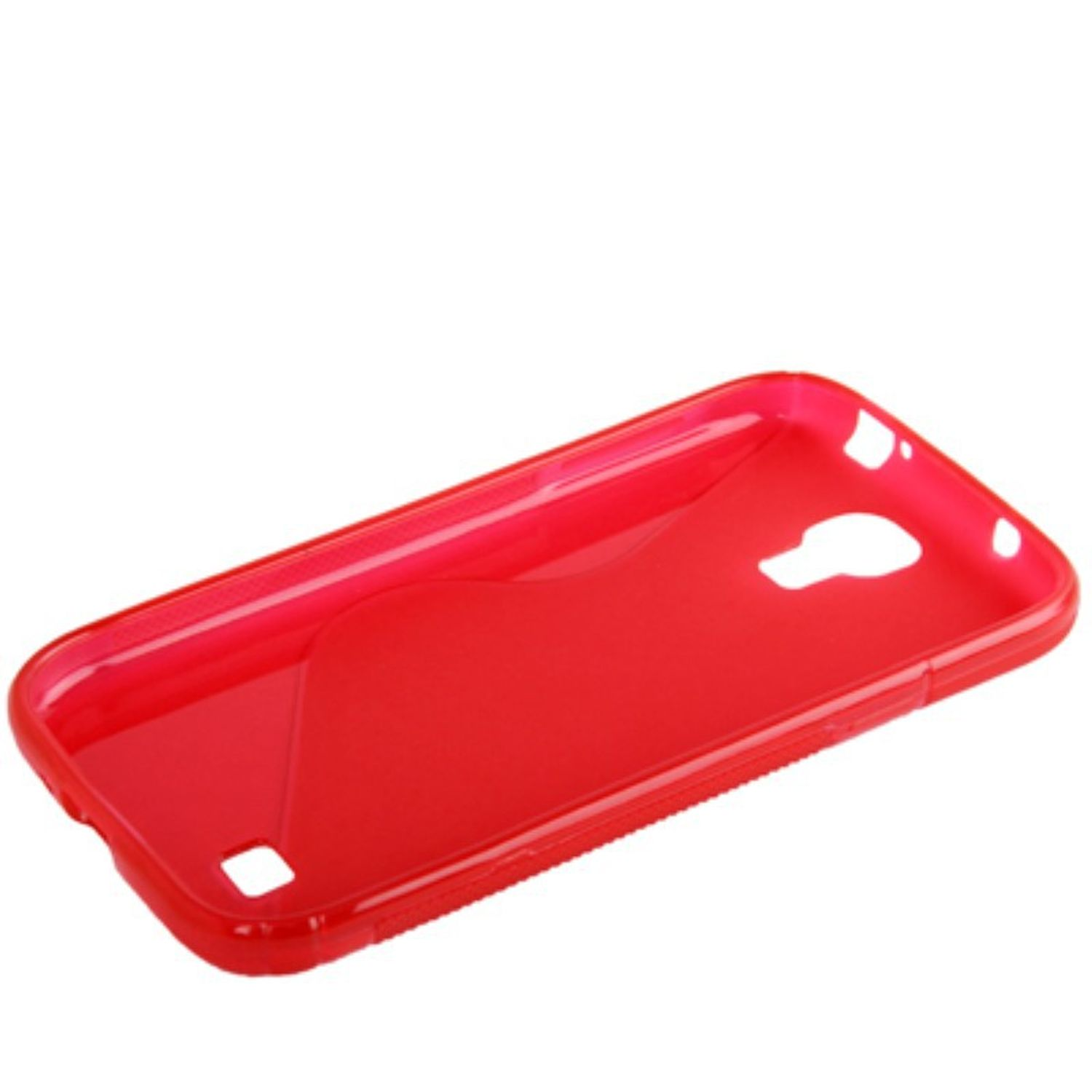 Eine rote Handyhülle, abgewinkelt, mit einem Wellendesign und Aussparungen für ein Telefon.