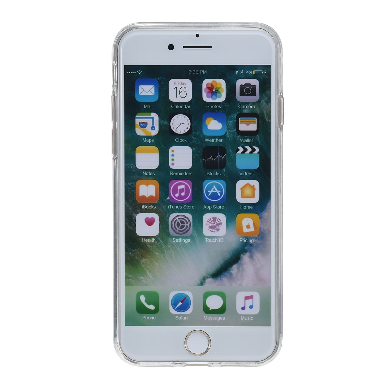 Weißes iPhone mit Apps auf dem Bildschirm, transparente Hülle.
