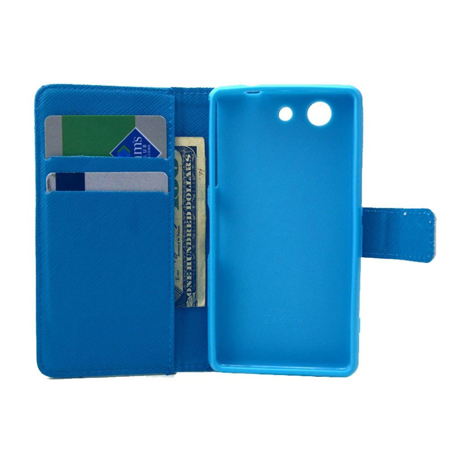 Blaue Handyhülle offen mit Karten und einem 100-Dollar-Schein. Die Hülle ist blau. Der Hintergrund ist weiß.