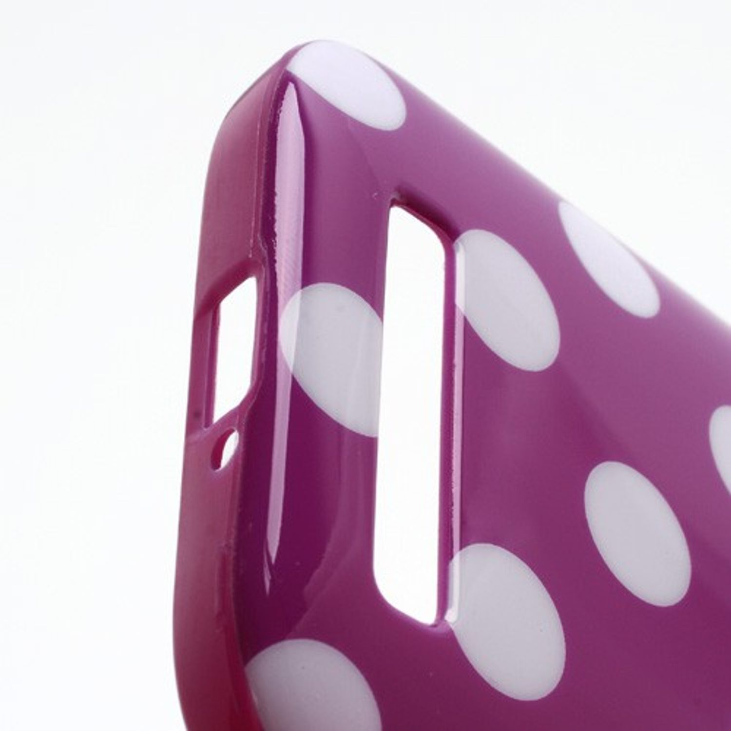 Eine Handyhülle mit einem lila Polka-Dot-Muster auf weißem Hintergrund.