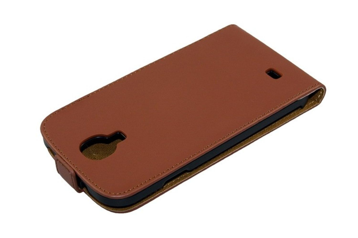 Eine braune Handyhülle. Es ist eine lederartige Handyhülle mit dem Telefon im Inneren. Es hat einen Verschluss.