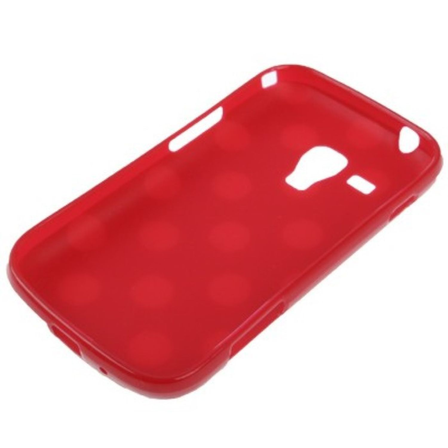 Eine rote Handyhülle. Sie hat Aussparungen für die Kamera und andere Telefonfunktionen.