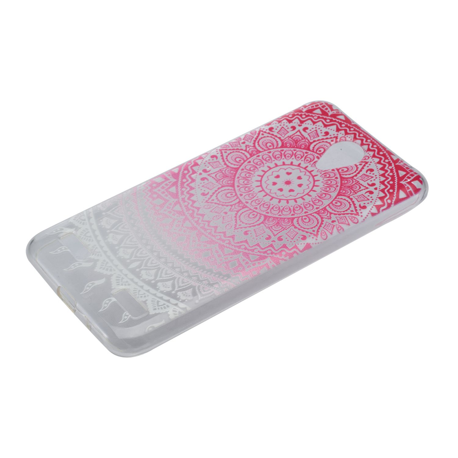 Handyhülle mit Mandala-Design. Die Hülle ist transparent mit einem rosa-weißen Muster.