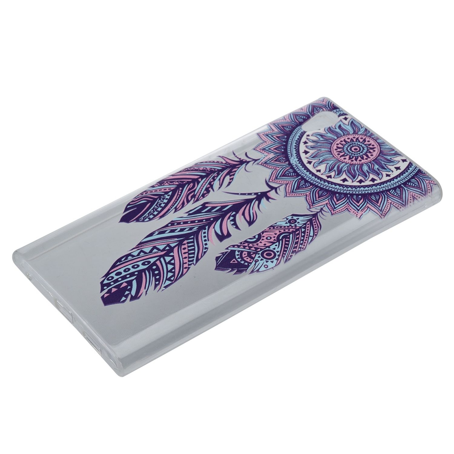 Transparente Handyhülle mit drei Federdesigns und einem Mandala.