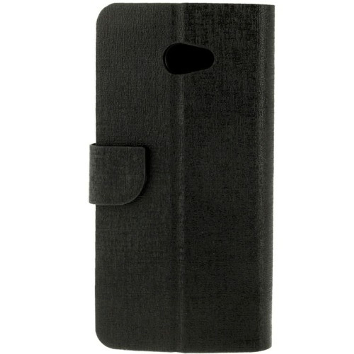Eine schwarze Handyhülle mit Kameraausschnitt und gefaltetem Cover. Das Cover hat eine strukturierte Oberfläche.