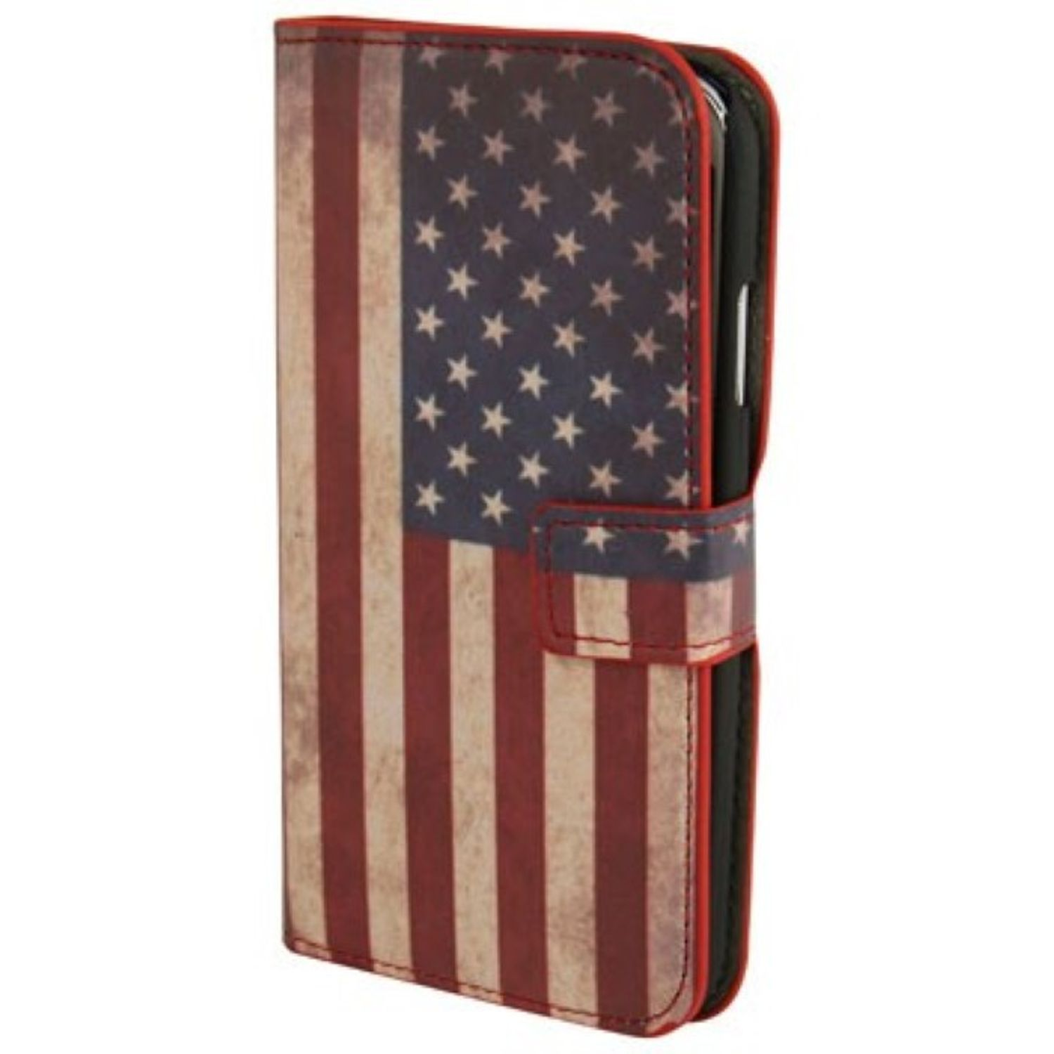 Handyhülle mit amerikanischem Flaggen-Design. Roter Rand. Weißer Hintergrund.